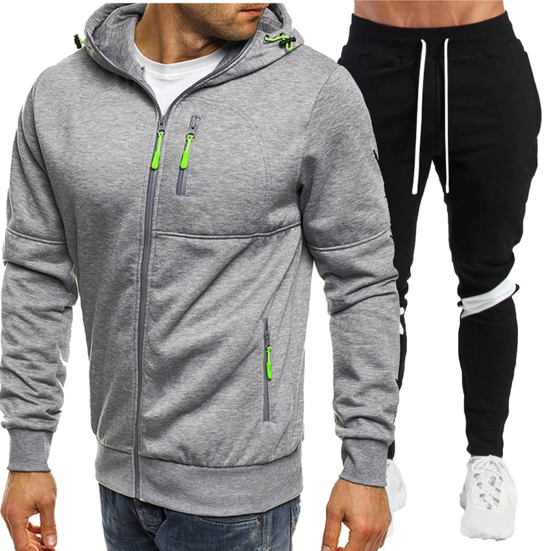 2024 new men's solid color sports leisure 4 zipper sweater suit fleece cardigan hooded men's 2-piece