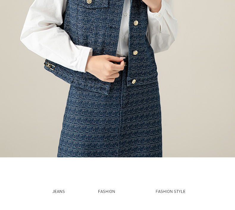 Bộ vest denim nữ gồm áo khoác blazer và chân váy midi, phong cách công sở xuân hè — Váy nửa 5609 màu xanh lam chi tiết 20
