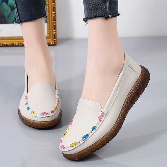 Middle-aged and Elderly Mothers' Shoes, Non-slip, Casual Genuine Leather Beanie Shoes, Flats-soled Comfortable Tendon Women's Shoes, Breathable Shallow Mouth