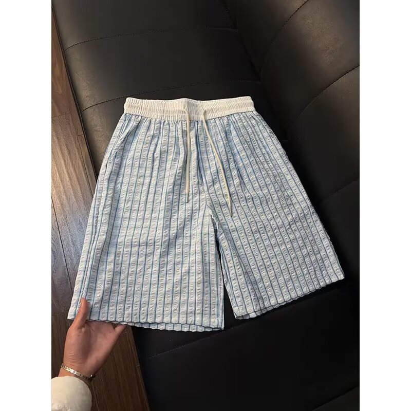 Men's Thin Seersucker Ice Silk Plaid Quick Drying Beach Shorts Summer Athletic Capri Pants_viptrois.com