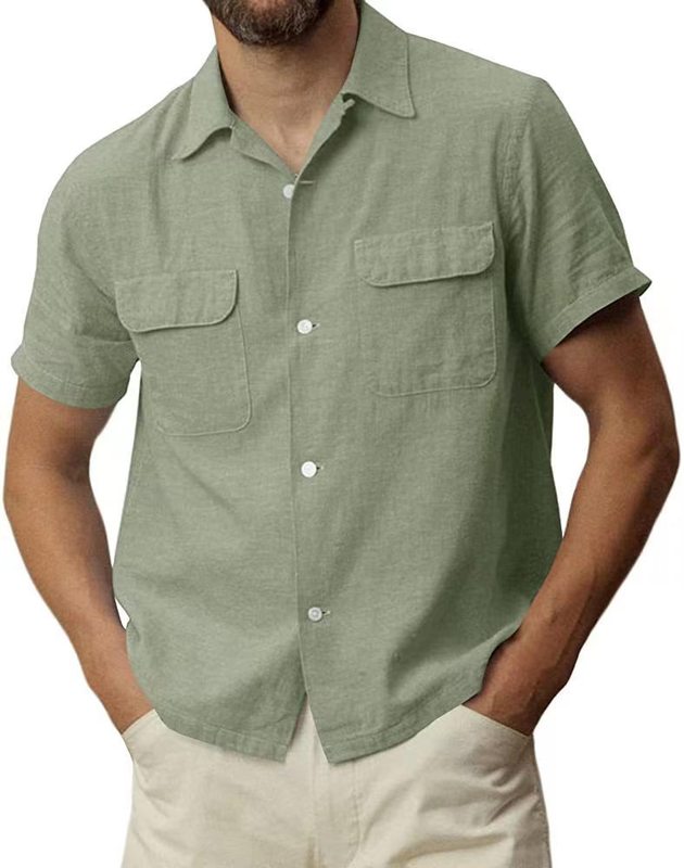 2023 Summer Men's Cotton Linen Short Sleeve Shirt Button Cotton Cuba Camp Beach Casual Pocket Top T-Shirt 2023 Summer Men's Cotton Linen Short Sleeve Shirt Button Cotton Cuba Camp Beach Casual Pocket Top T-Shirt