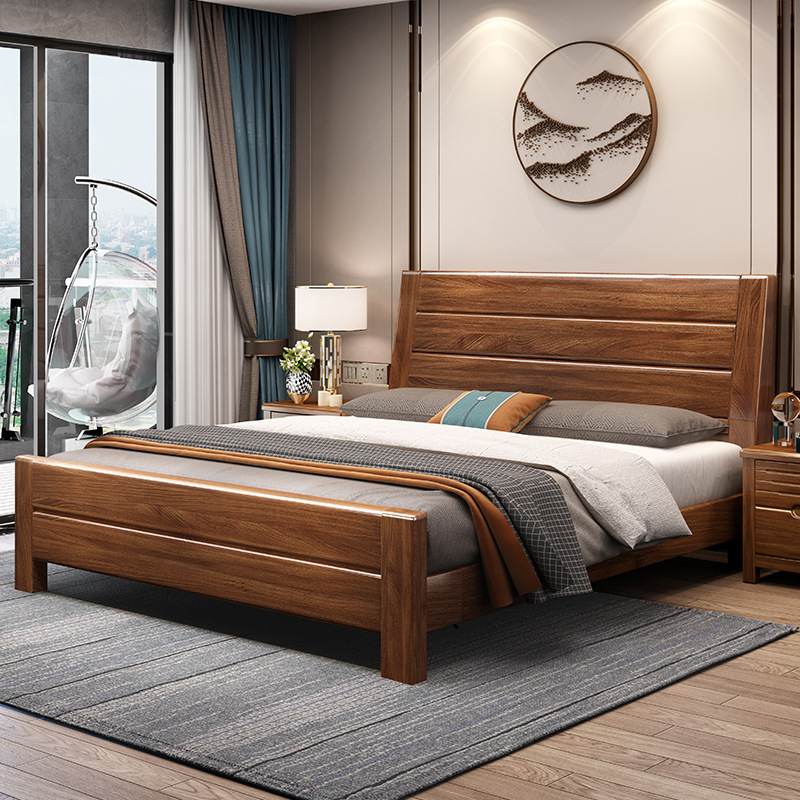 Solid Wooden Bed Walnut Small Apartment Bedroom Furniture Single 1.5 m Air Pressure Storage Wooden Bed 1.8 m Double Bed