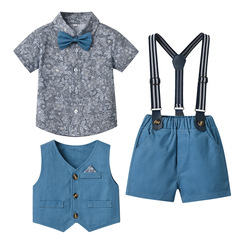 Korean style short-sleeved boys' shirt with suspenders and shorts suit 2023 summer children's vest flower cardigan retro suit