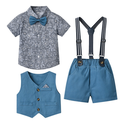 Korean style short-sleeved boys' shirt with suspenders and shorts suit  summer children's vest flower cardigan retro suit
