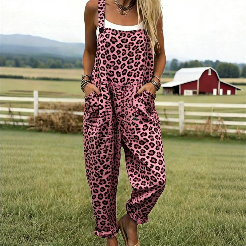 New European and American Style Women's Fashion Geometric Leopard Print 3D Printed Casual Single-Button Pocket Jumpsuit