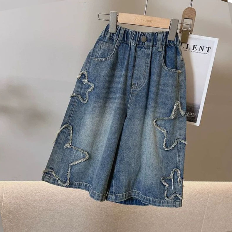 Hombres y niñas, pantalones de verano coreanos, pantalones casuales de siete puntos, ropa infantil simple con estrellas. image 1