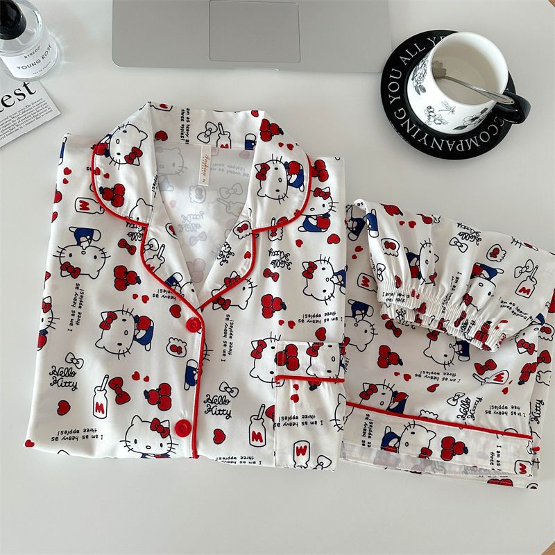 Venta al por mayor transfronteriza lindo hellokitty pijamas de satén elástico de cuatro lados pantalones cortos de manga corta de verano para mujer ropa fina para el hogar de dibujos animados