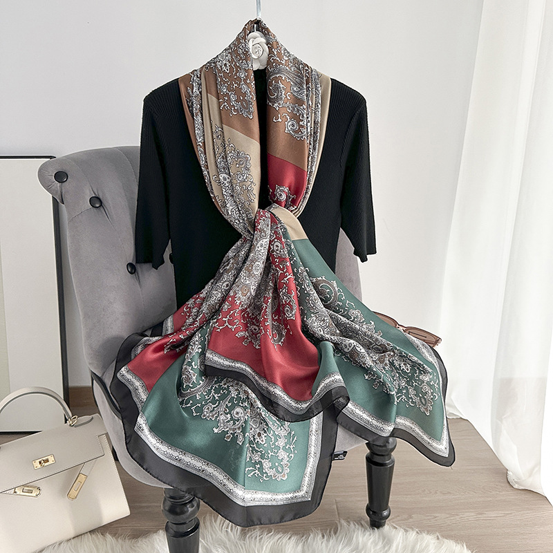 Pañuelo de seda fino de primavera y verano, pañuelo largo con estampado de alta calidad, nuevo pañuelo de protección solar de viaje de satén de seda, chal de viento étnico, protector solar femenino