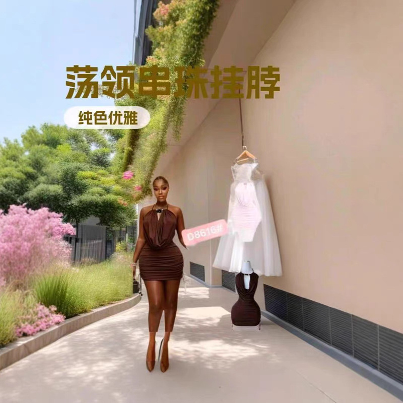 European and American Style Holiday Hollow-Out Backless Solid Color Beaded Halter Neck Dress, Fashionable and Elegant Drawstring Bodycon Short Dress European and American Style Holiday Hollow-Out Backless Solid Color Beaded Halter Neck Dress, Fashionable and Elegant Drawstring Bodycon Short Dress