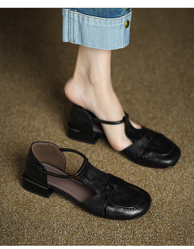 Dép sandal nữ da bò kiểu retro quai chữ T, mũi kín, gót thấp — màu nâu chi tiết 7
