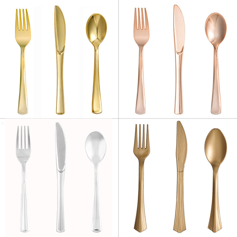 Cross-Border Uv Electroplating Disposable Gold Cutlery Set for Birthday Parties, Ps Plastic Tableware Set, Factory Ready Stock Wholesale