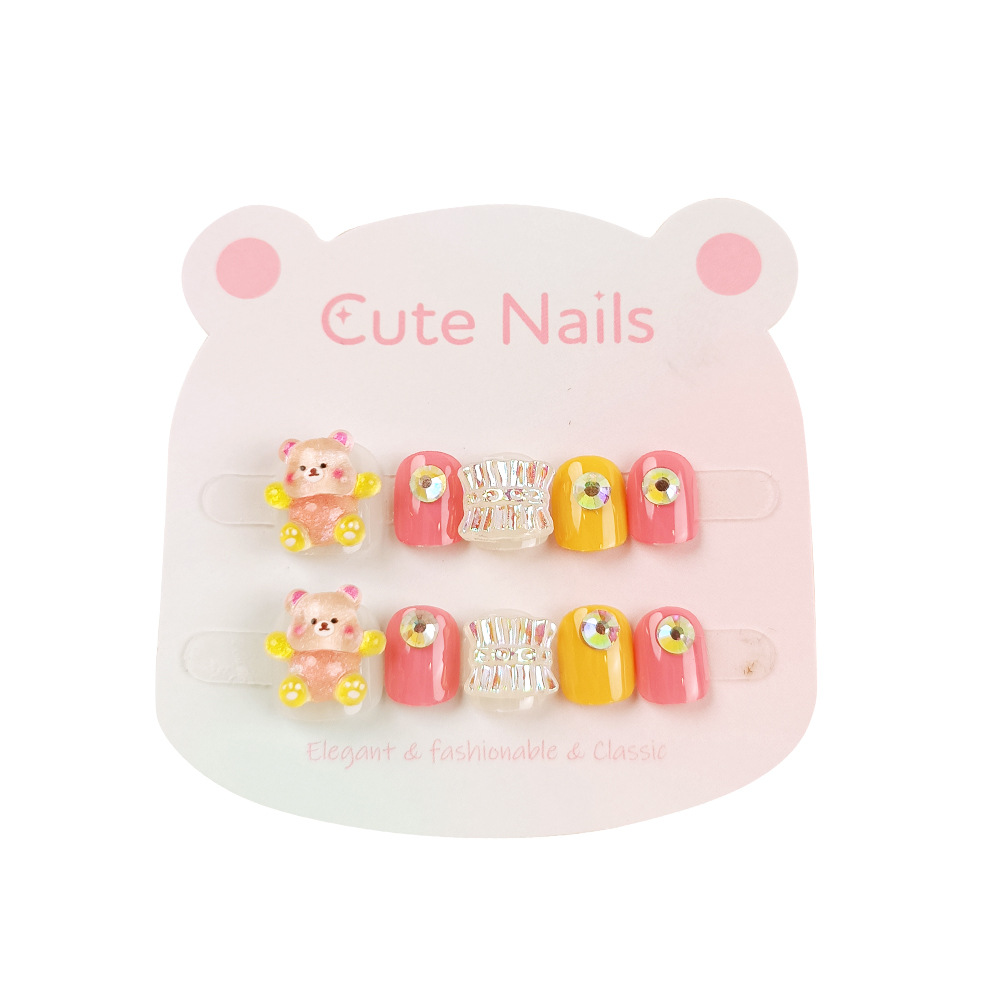 Cartoon 3D Wear Armor Children's Aurora Falda Arte de uñas corto con diamantes 10 piezas de uñas de oso tridimensional lindo