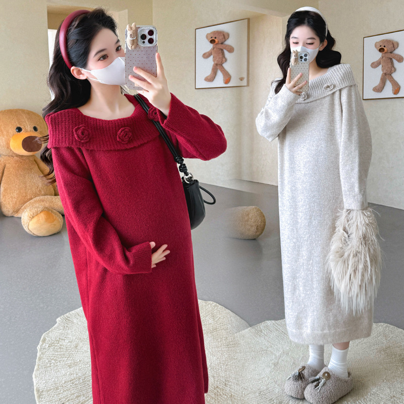 Maternity Dress Autumn and Winter New Mid-Length Style Loose Christmas Red White Pregnancy Wear Sweater Dress for Women
