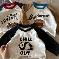 Pure cotton men and women children's T-shirts long-sleeved tops 2025 embroidery flocking versatile small and medium-sized children's clothing base shirt spring and autumn