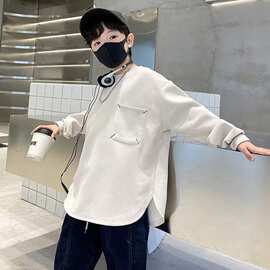 纯棉男童春秋装长袖t恤2026新款中大儿童男孩宽松洋气纯色卫衣潮