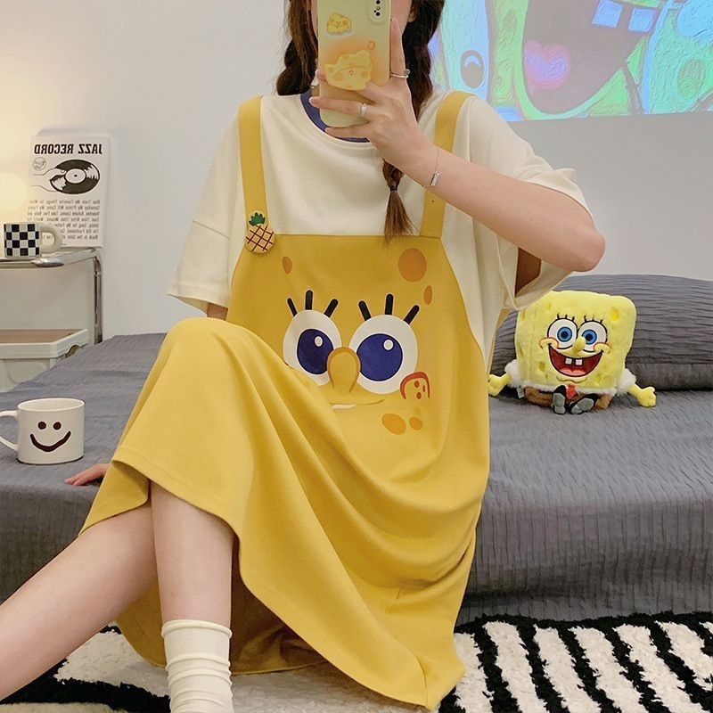 胸パッド付きネグリジェ、半袖ゆったり学生パジャマ、女性夏年齢軽減プリンセス風春秋寮ミドル丈、屋外で着用可能|undefined