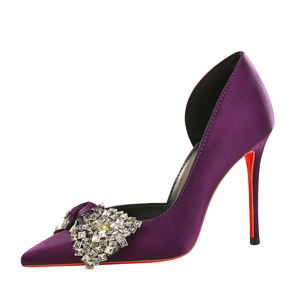 9267-H159 European and American sexy super high heels side hollow out women's shoes, rhinestone bow pointed shallow mouth slim single order shoes