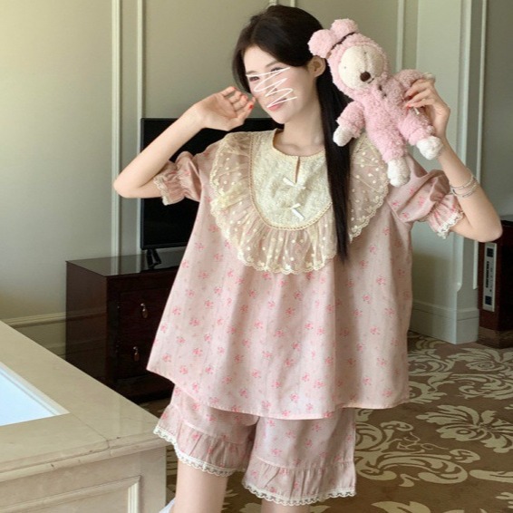 韩国ins女士外贸夏季新复古宫廷风甜美碎花蕾丝边短袖家居服套装