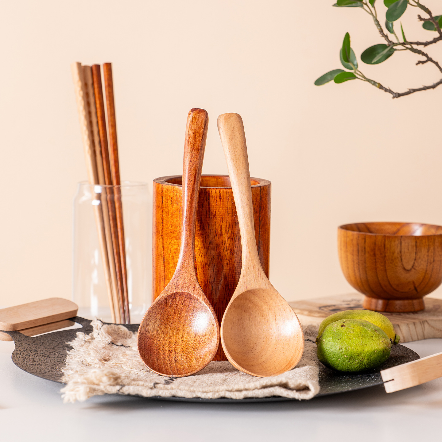 Las celebridades de Internet comen y siembran arroz seco cuchara grande vajilla de madera portátil al aire libre regalo cuchara de madera de mango largo palillos de dos piezas se pueden grabar