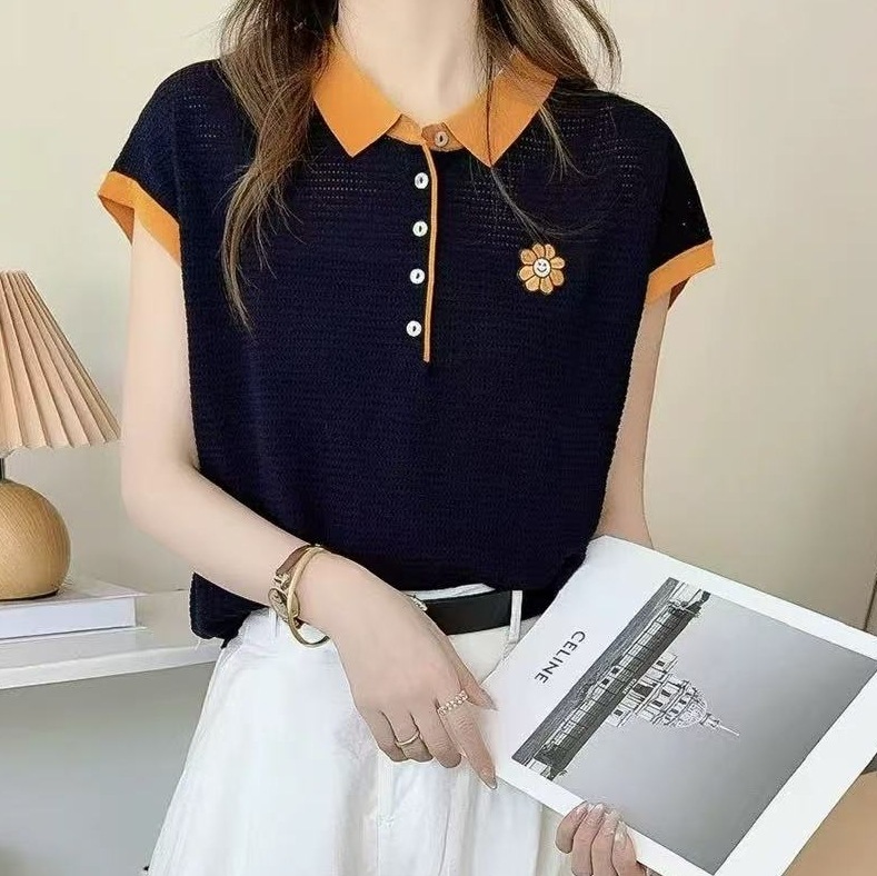 スマイリーフェイスひまわり刺繍薄手半袖セーター夏の気質スリムハーフブレストカラーブロックラペルトップ女性用|undefined