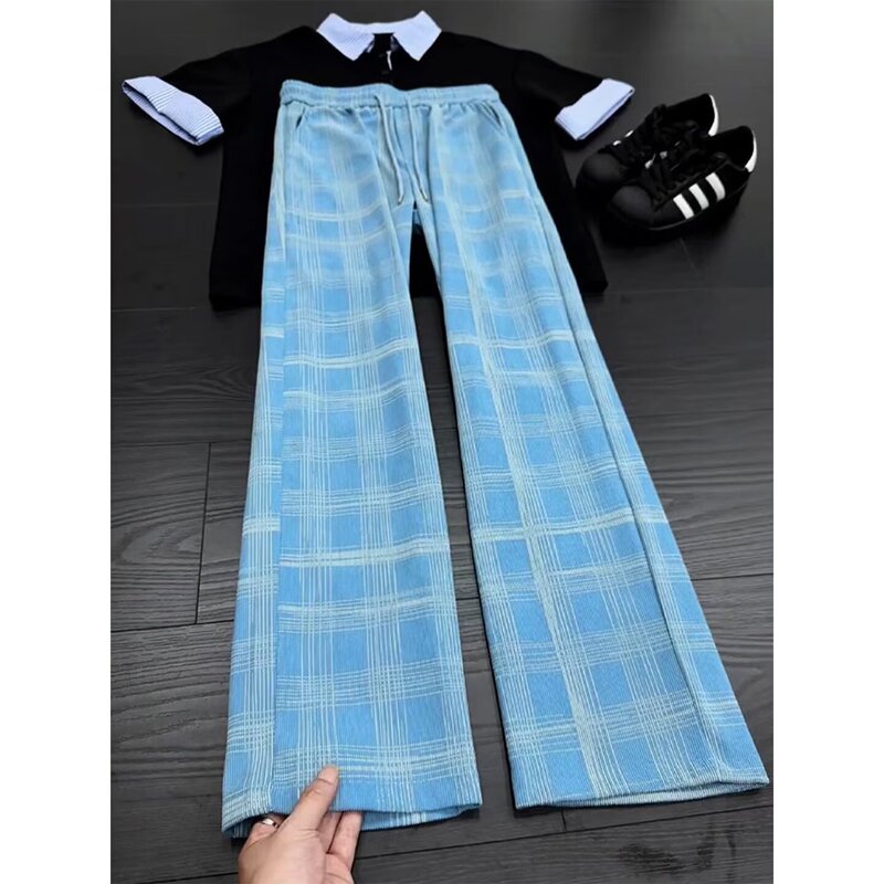 Sky blue American-style plaid pants for men, summer thin straight-leg slightly flared long pants, cleanfit casual sports pants Sky blue American-style plaid pants for men, summer thin straight-leg slightly flared long pants, cleanfit casual sports pants