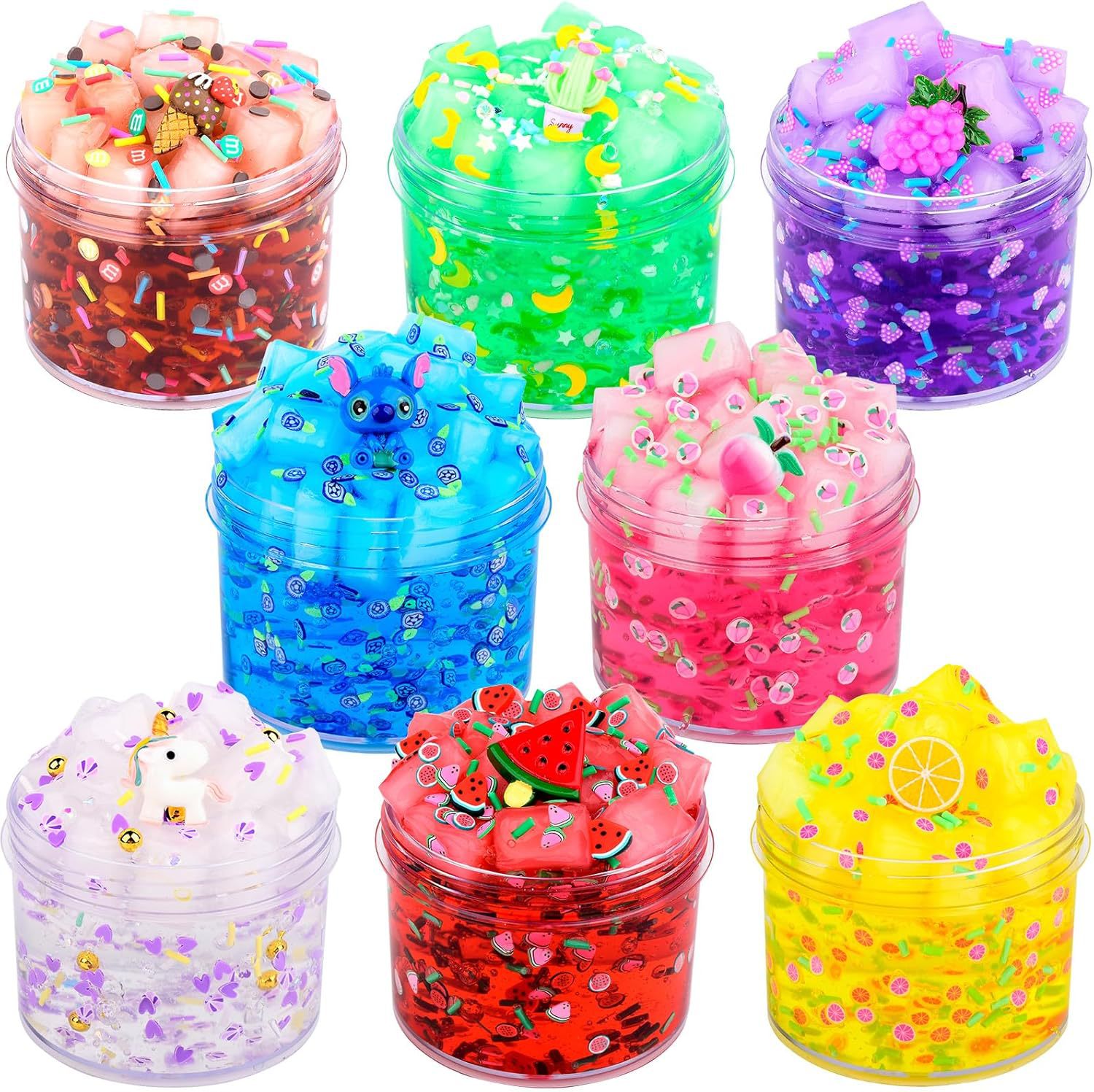 Juego de limo crujiente de gelatina transfronterizo de 8 piezas con limo transparente azul melocotón sandía limón