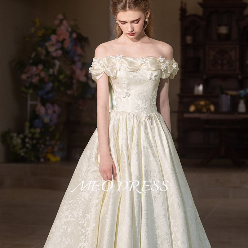 Off-the-shoulder Bridal Wedding Engagement Hepburn-style High-end Printed Satin Fairy-like French White Evening Dress_voghion.com