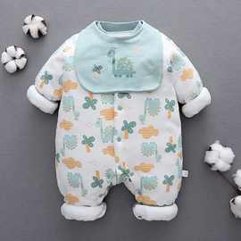 婴儿夹棉加厚连体衣秋冬套装新生儿衣服厚款棉服宝宝爬服冬季外出