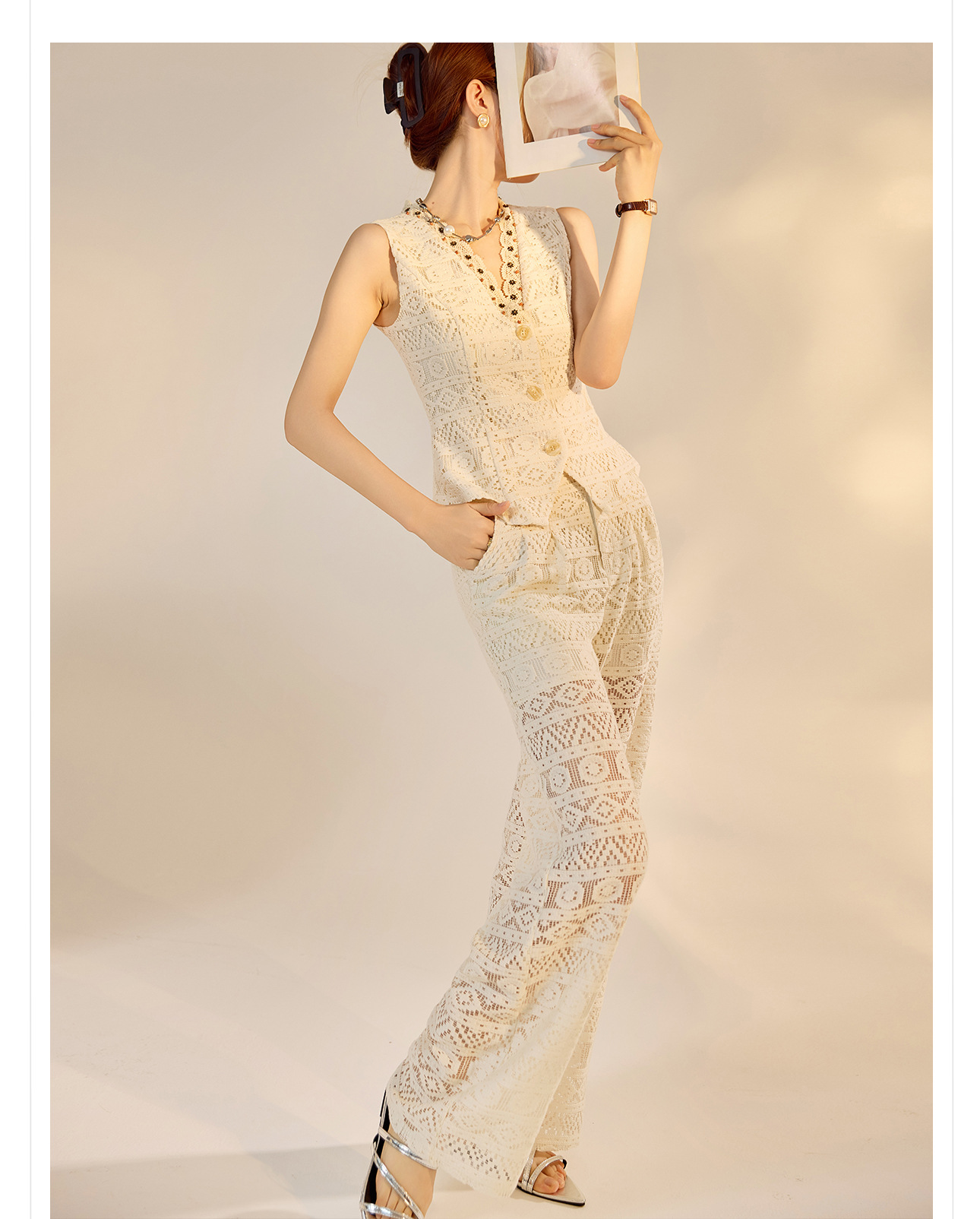 Bộ vest quần dài nữ cổ chữ V khoét lỗ phong cách retro cao cấp mùa hè 2026 — Quần dài, Vest [có dây ruy băng] chi tiết 21