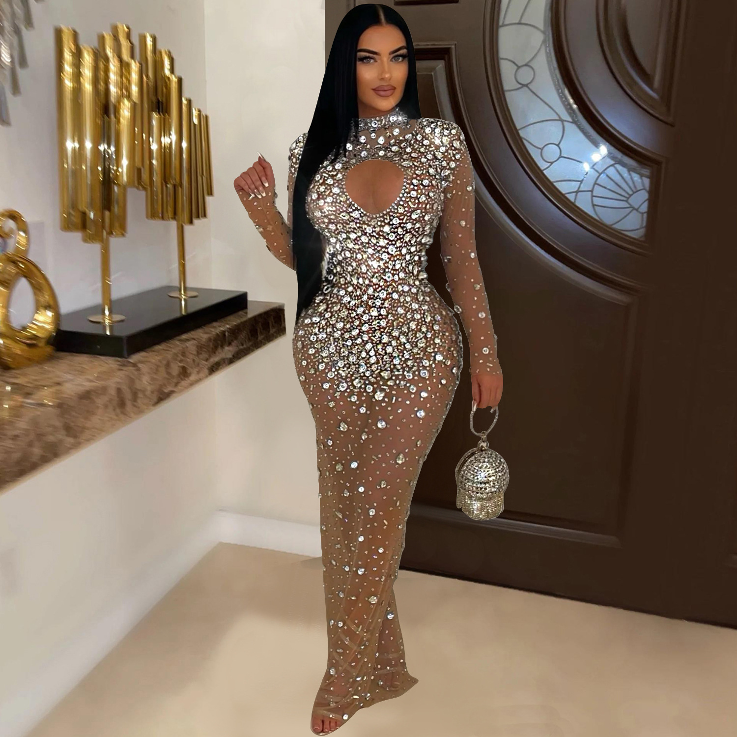 C6993 AliExpress transfronterizo Amazon estación independiente de moda europea y americana ropa de mujer de cuello redondo vestido de diamante caliente vestido largo nuevo image 5