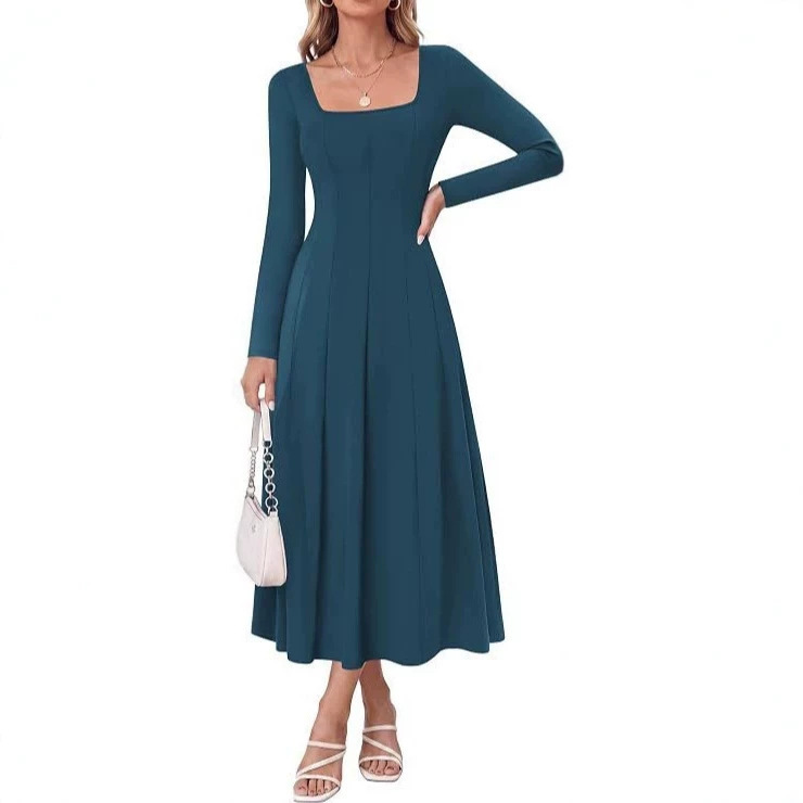 2026 Autumn European and American Foreign Trade Amazon Mid-Length Dress Women's Versatile Waist-Cinching Square-Neck Long-Sleeve A-Line Dress