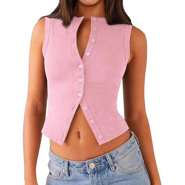 2025 European and American Style Going Out Tops Summer Ribbed Vest Sexy Navel-Baring Cute Buttoned Vest 2025 European and American Style Going Out Tops Summer Ribbed Vest Sexy Navel-Baring Cute Buttoned Vest