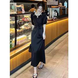 法式感镂空短袖连衣裙收腰显瘦设计感黑色百搭气质中长款裙子