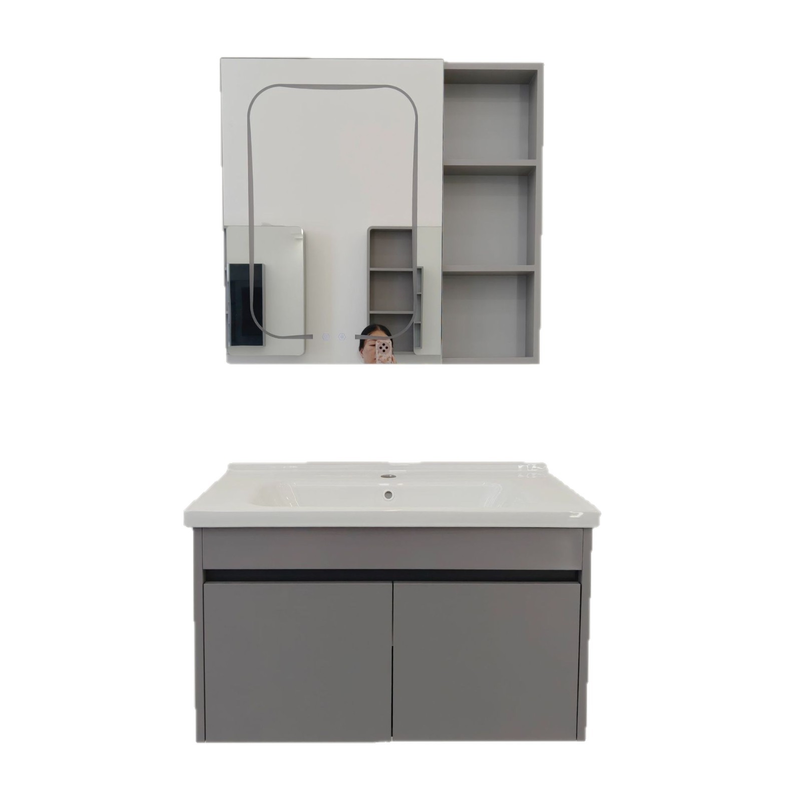 Mueble de Baño con Lavabo de Acero Inoxidable y Cerámica, Desempañado Inteligente, Suspendido de Pared, para Baño image 6