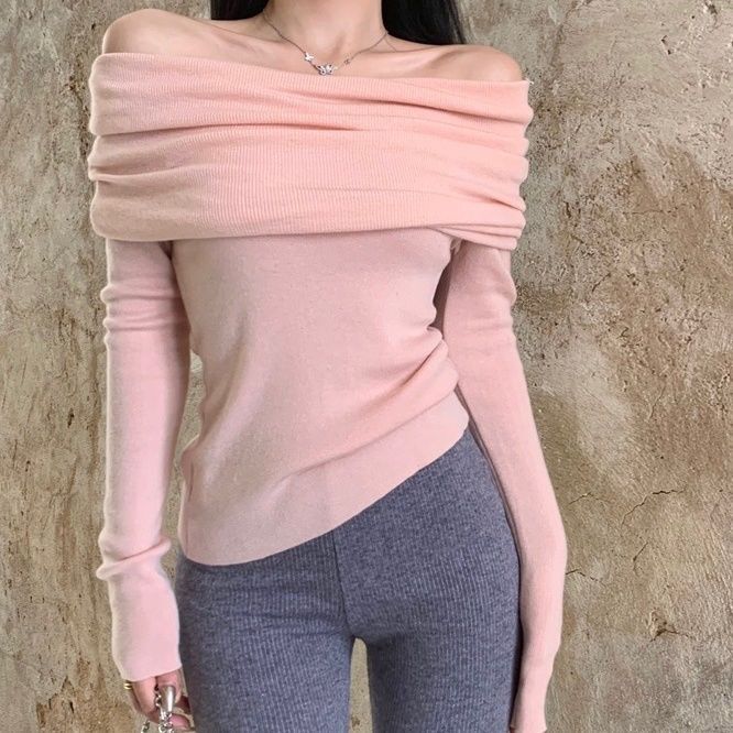 纯欲小心ji一字肩针织打底衫女秋冬季加厚毛衣设计感长袖别致上衣|undefined