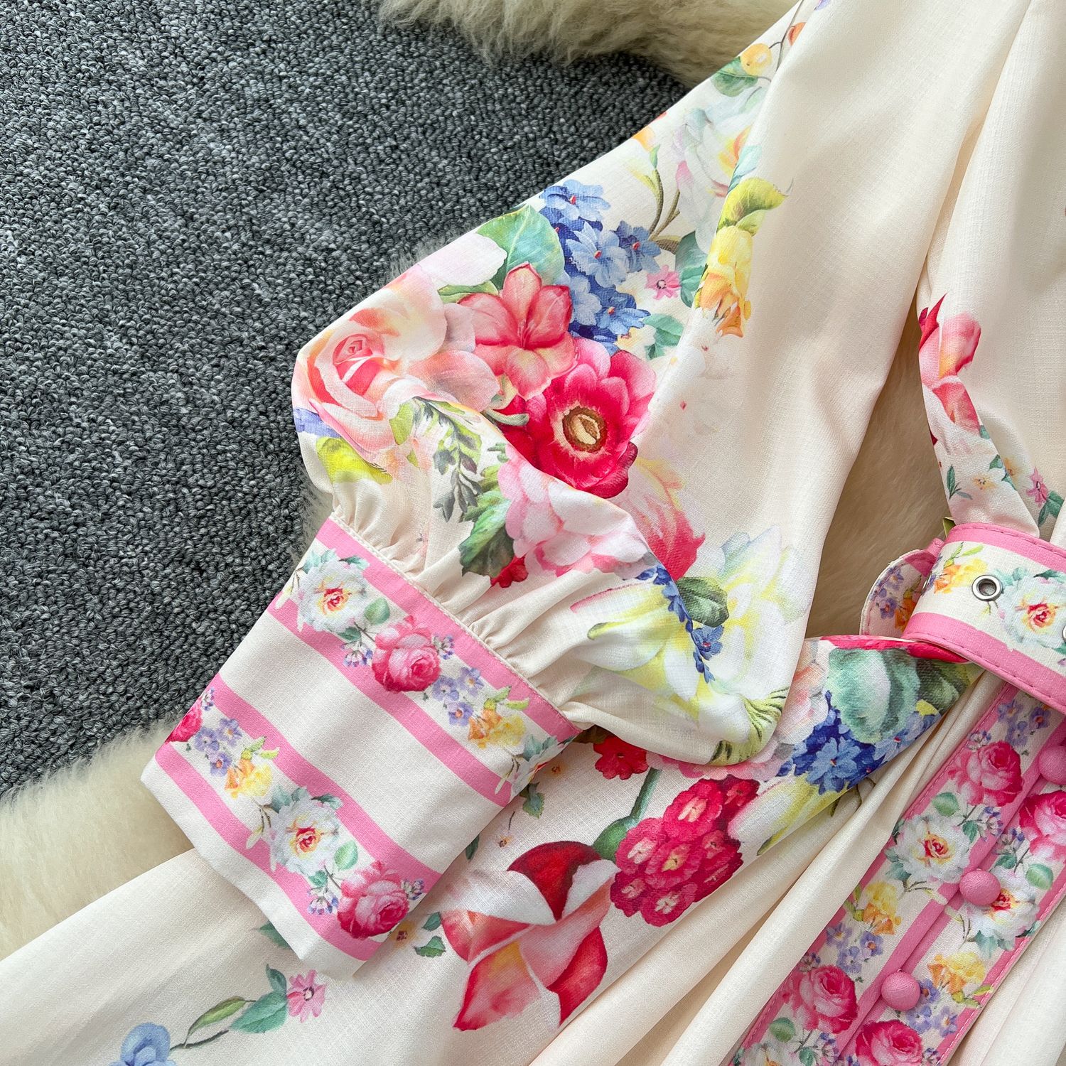 Women's Spring Resort Long Dress Lapel Lantern Sleeve Retro Print Waist Cinching Single Breasted Casual Elegant Fashion_ecoleips.com