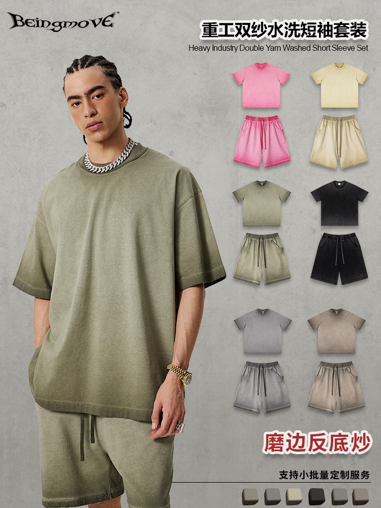 2025 verano americano retro blanco degradado de manga corta batik casual camiseta deportiva suelta pantalones de cinco puntos traje hombre