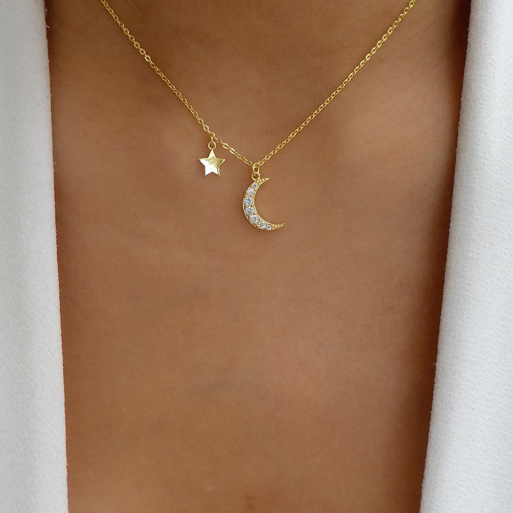 Holiday, Daily Occasion 925 Sterling Silver Material 925 Sterling Silver Zircon Plating Inlay Star Moon Pendant Necklace