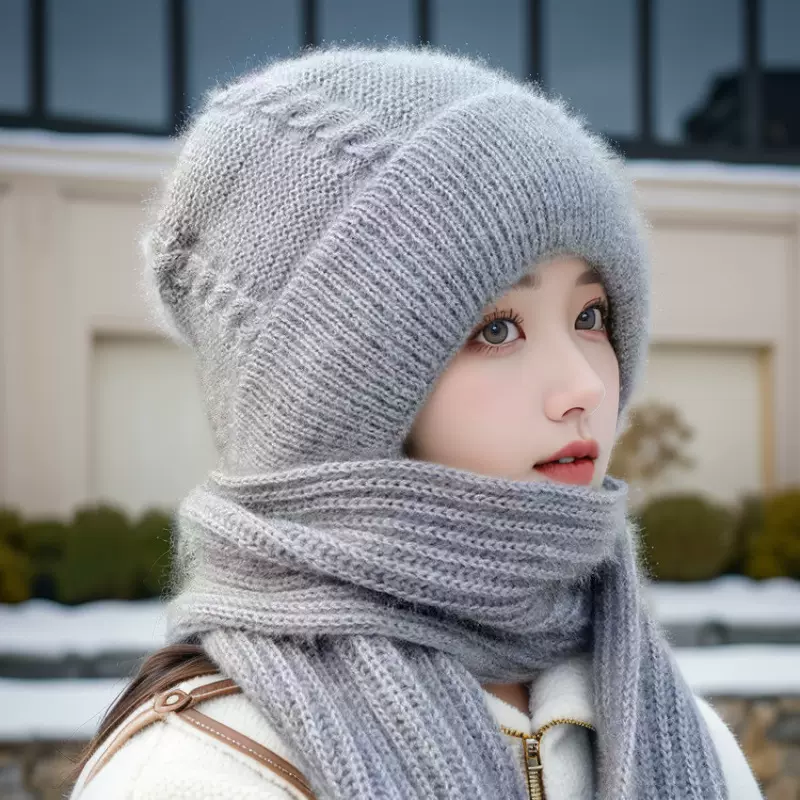冬款保暖帽围巾一体针织帽中老年防寒妈妈帽加厚护耳骑车风雪帽