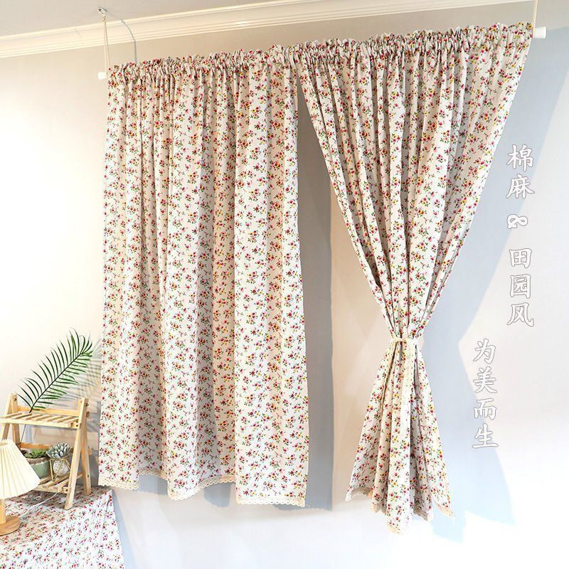 Floral Curtain Red Velcro Net Curtain Cloth Curtain Shielding Foreign Trade Curtain American Pastoral Style Small Cotton and Linen