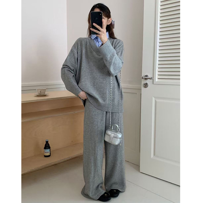 洋气衬衫领运动套装女秋冬2025新款时尚宽松毛衣针织阔腿裤两件套|undefined