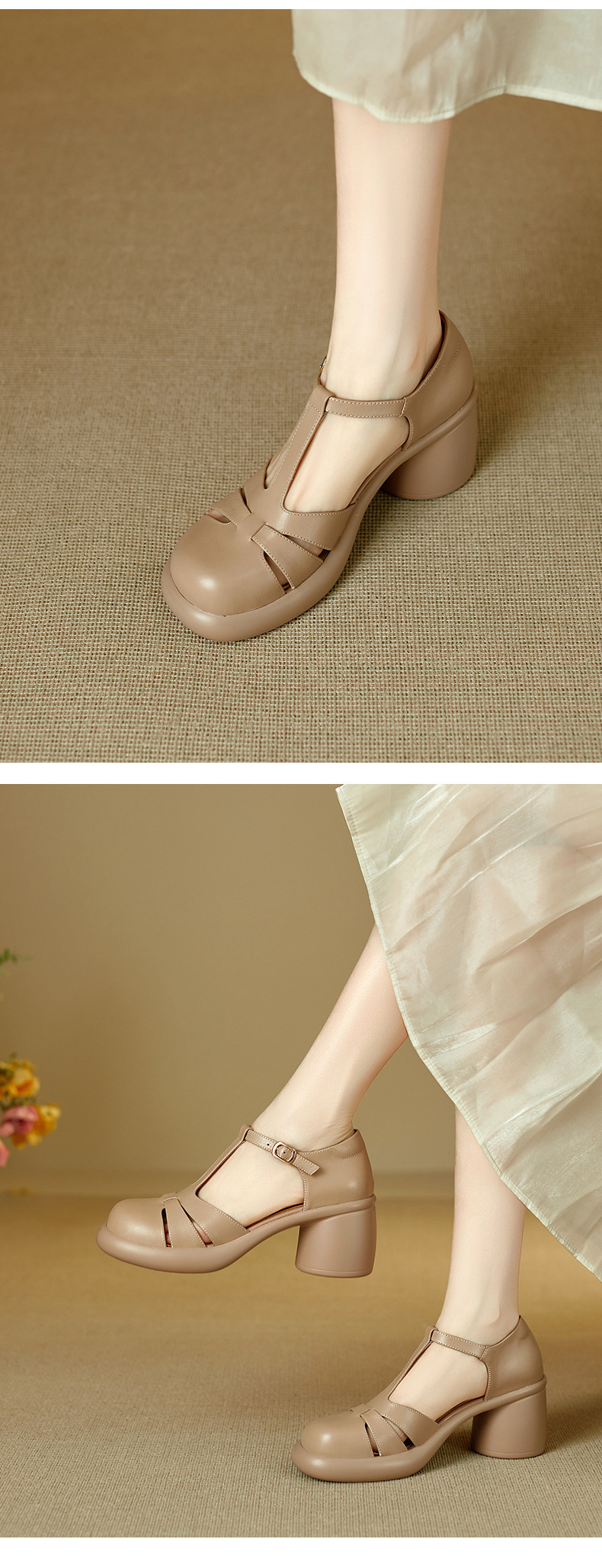 Sandal cao gót nữ mũi kín gót 7.5 cm phong cách vintage quai chữ T — màu nâu chi tiết 8