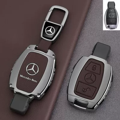 Car key bag | Mercedes-Benz E300L Key Cover 25 - leather-texture-style-b-2-button-leather-texture-tea-brown-car-logo-trapezoid-buckle