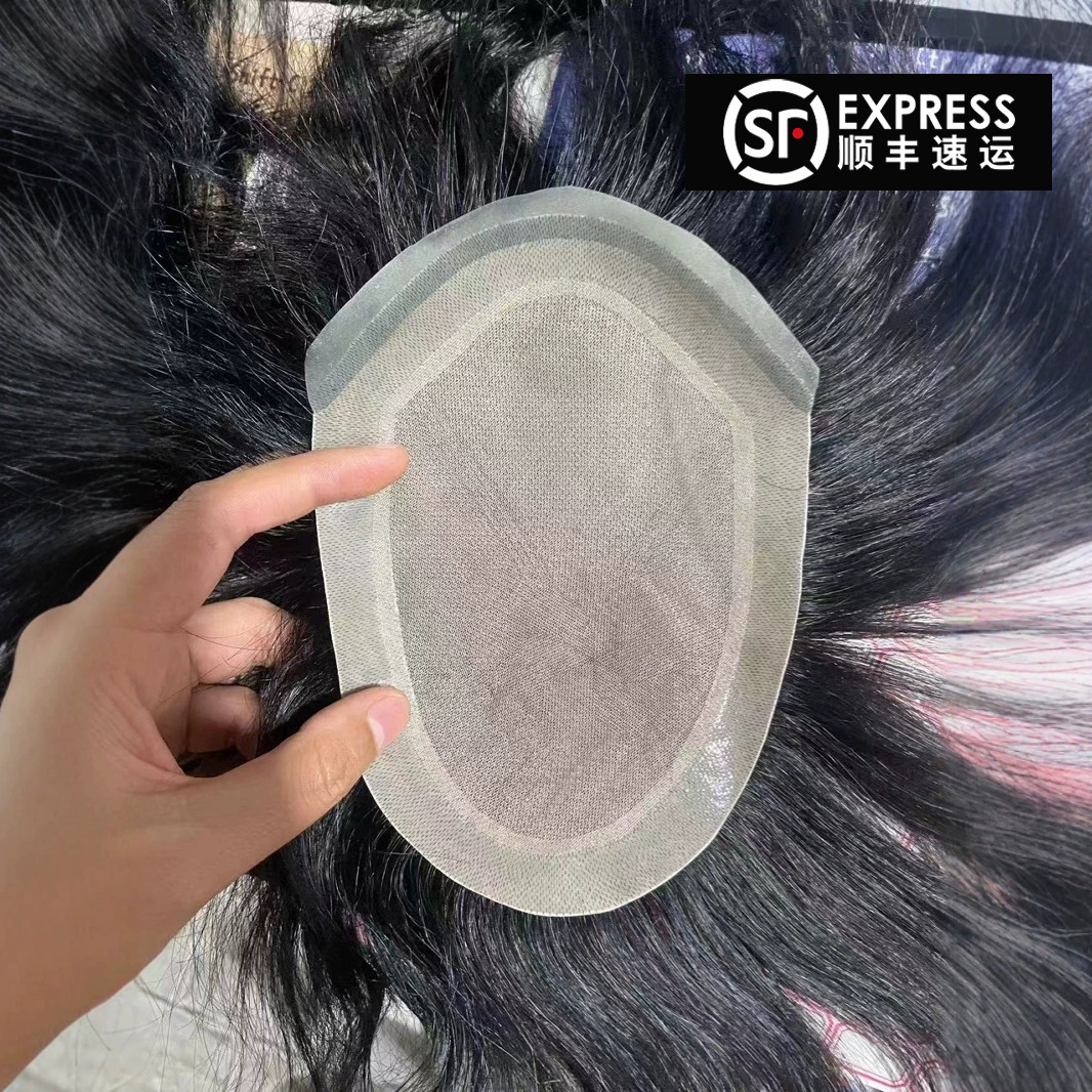 男士假发片真人发丝全手织仿真头皮前额薄边V针递针到边