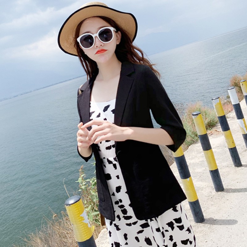棉麻仿麻小西装女2025夏薄款韩版休闲修身显瘦职业七分袖小西服女