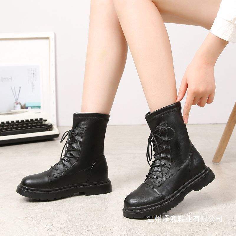 British Style Martin Boots for Women, Back Zipper Short Boots, Flat Elastic Slim Boots, New Spring and Autumn Thin Velvet Single Boots, 2025 Winter