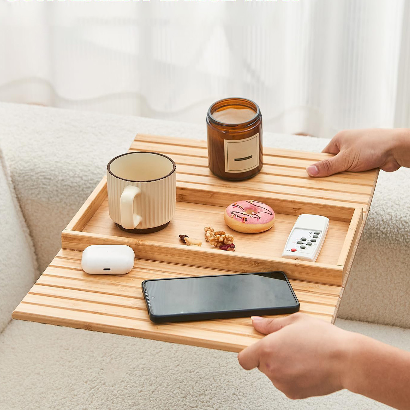 Sofá de bambú perezoso reposabrazos laterales bandeja de almacenamiento sala de estar control remoto bandeja de almacenamiento de teléfonos móviles plegable bandeja de té de la tarde image 5