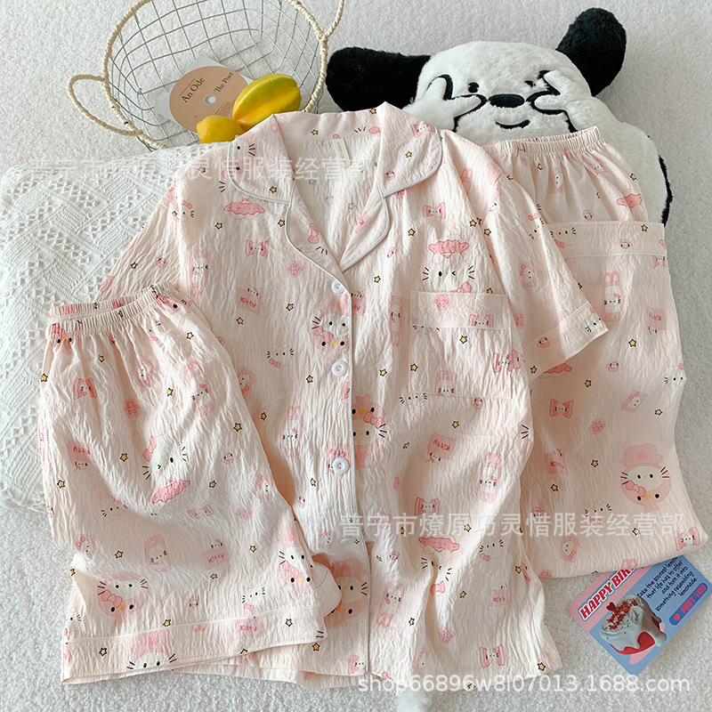 Pajamas de tres piezas de torta de oso para mujeres de verano, pantalones de manga corta, nubes de algodón adorable, viento en 2025 nueva ropa para el hogar