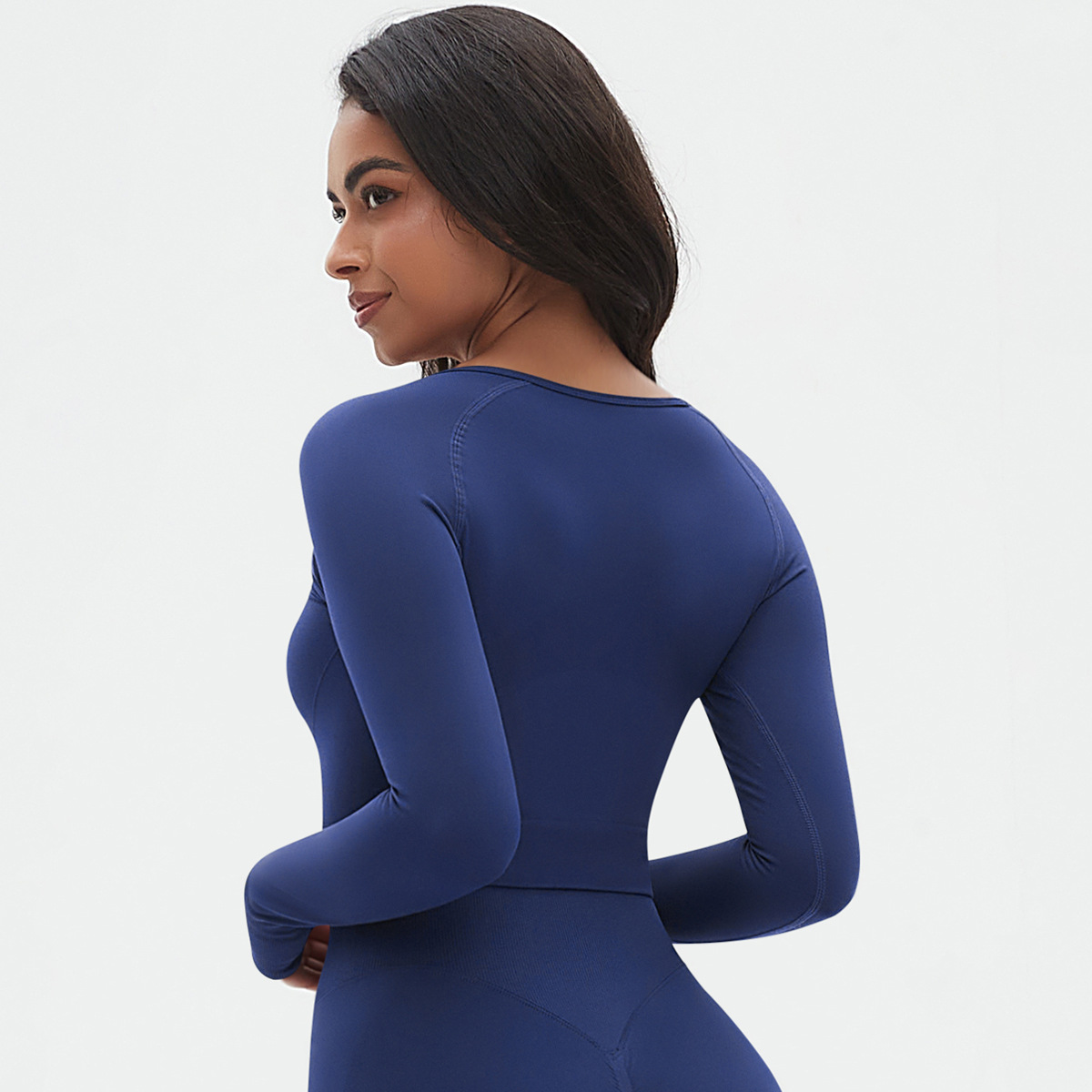 Cross-border Europa y Estados Unidos sin costuras de punto de color sólido ajustado alto elástico ropa de yoga deportiva de manga larga para correr y ejercer yoga tops mujeres image 5