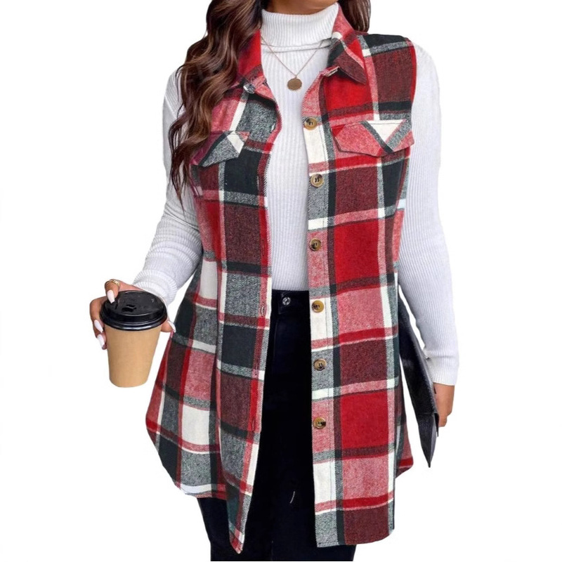 Cross-border Amazon Europe and the United States autumn and winter new foreign trade women's fashion plaid sleeveless lapel side bag shirt vest